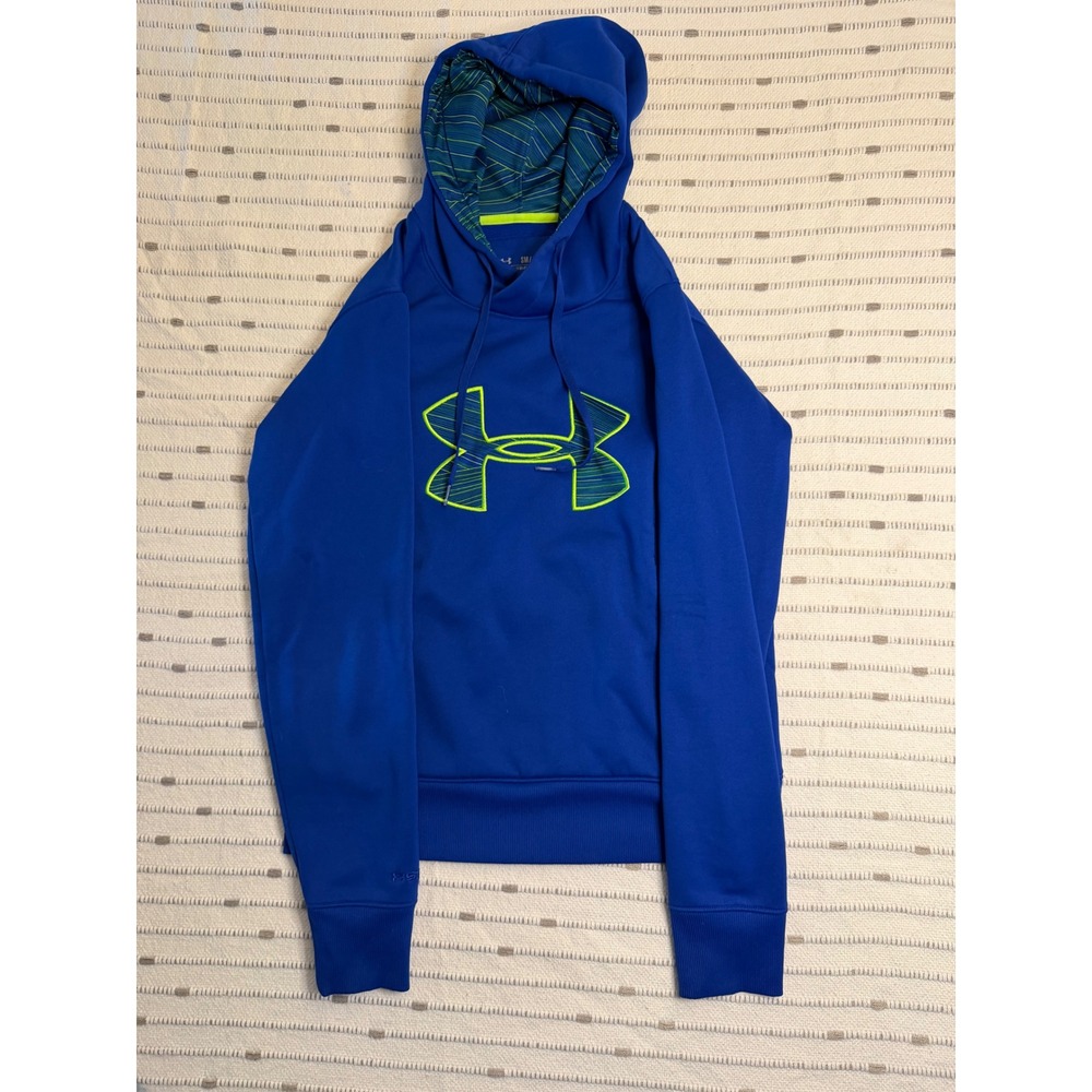 Under Armour ColdGear Hoodie Royal Blue Neon Green Logo Mens Small Semi-Fitted